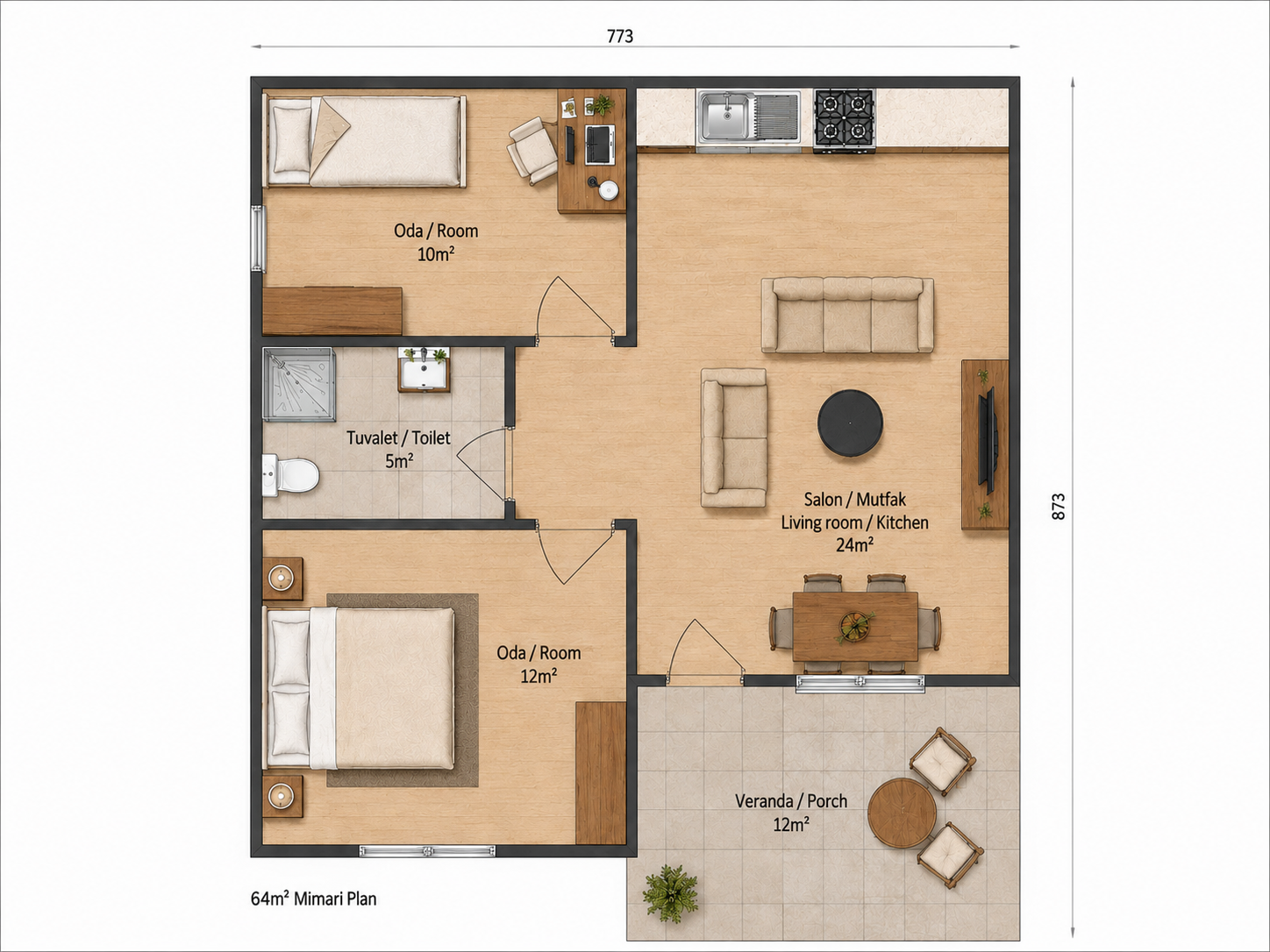 64 m² Tek Katlı Prefabrik Ev