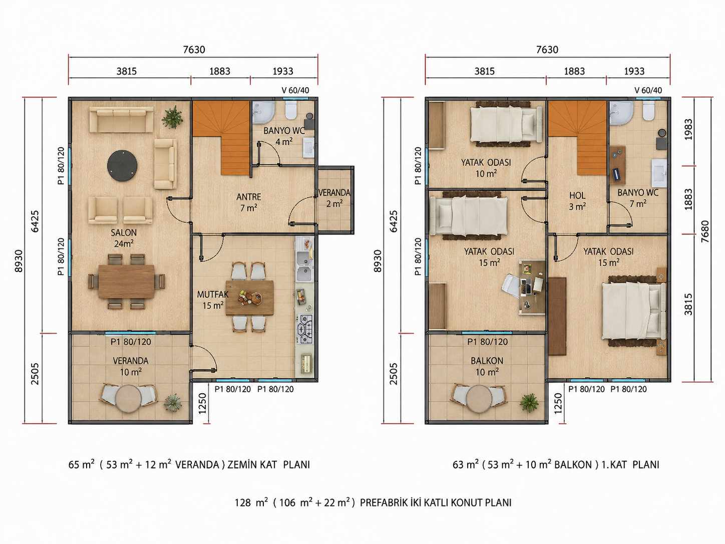 128 m² İki Katlı Prefabrik Ev