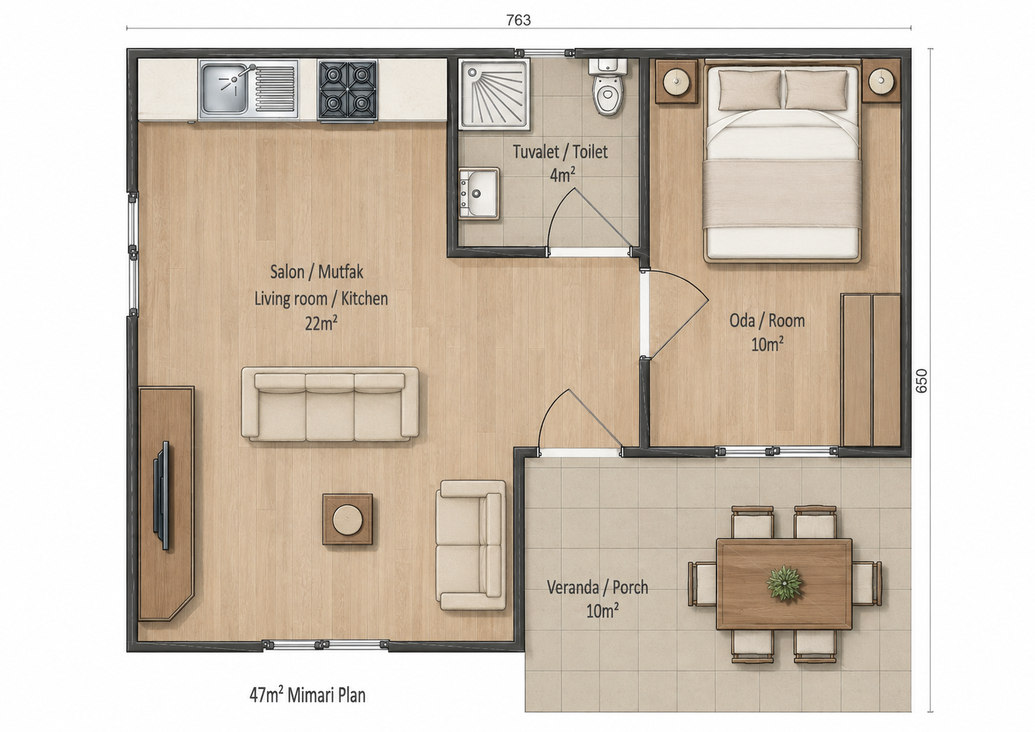 47 m² Tek Katlı Prefabrik Ev