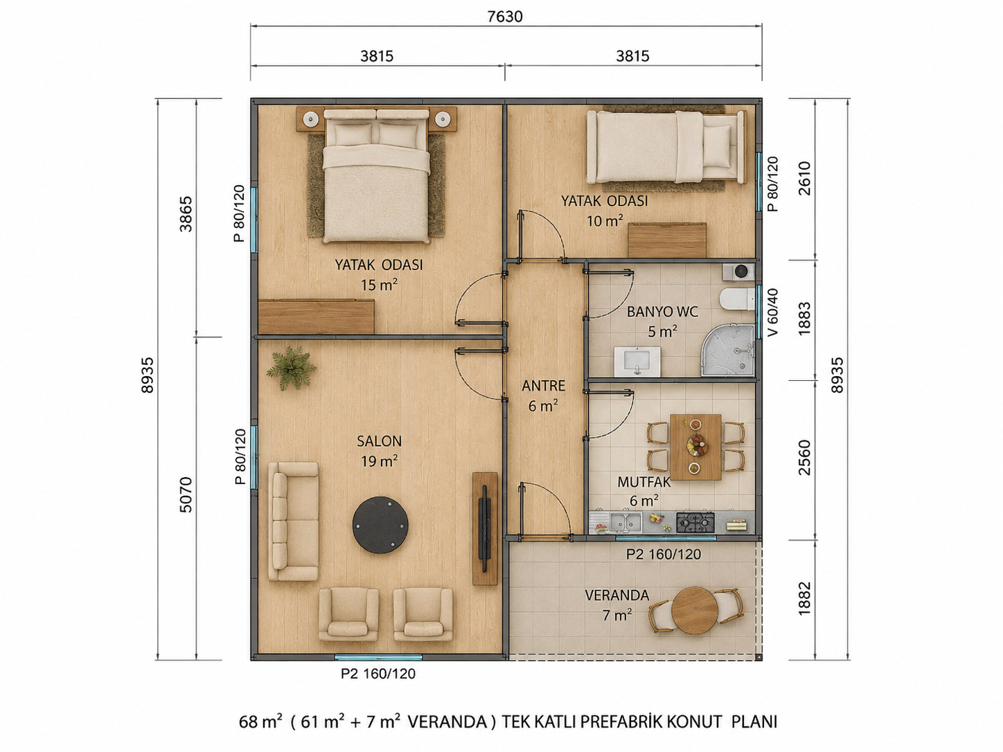 68 m² Tek Katlı Prefabrik Ev